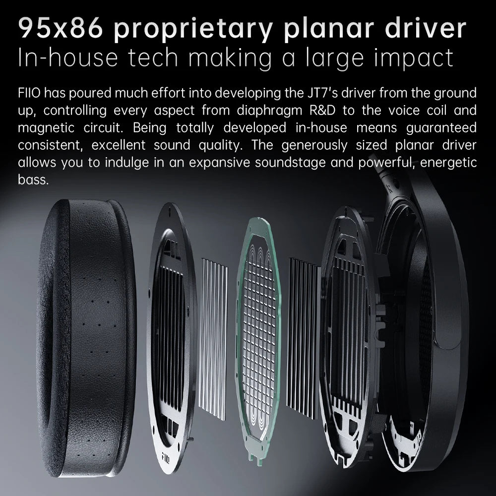 FiiO JT7 Over-Ear Planar Magnetic Audiophile Headphones with 95x86mm Planar Driver design,Adjustable Headband,4.4mm/3.5mm Cable