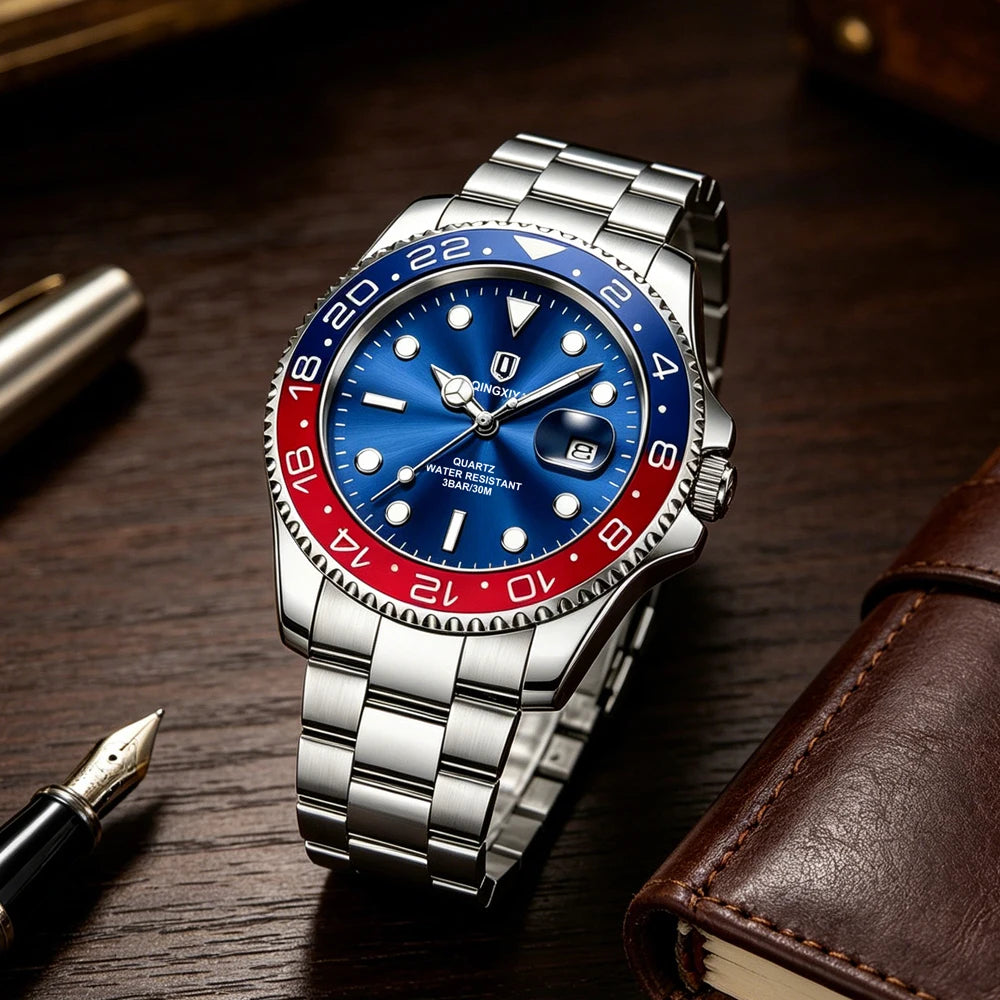 QINGXIYA Montres de luxe à quartz pour homme en acier inoxydable, étanches, avec date luminescente, montre-bracelet pour homme, reloj hombre