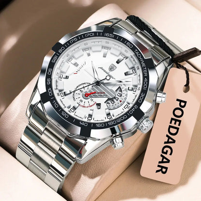 Orologio da uomo di lusso POEDAGAR, impermeabile, luminescente, con datario, sportivo, cinturino in acciaio inossidabile, movimento al quarzo.