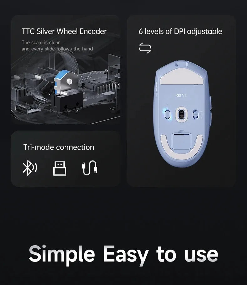 MCHOSE G3 V2 Pro Wireless E-sports Mouse Lightweight Three Mode Bluetooth PAW3395 High Performance 800mAh Game Office 59g Mouse
