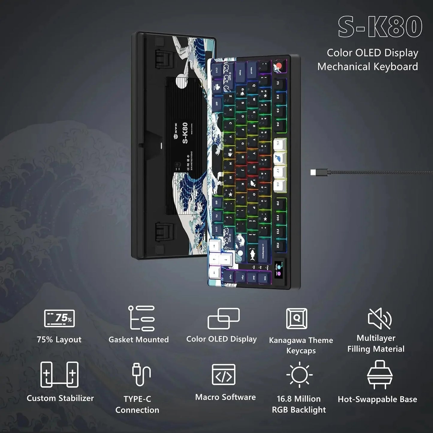 womier S-K80 Sea Wave Hot Swappable Gaming Keyboard Wired Mechanical Keyboard with Color OLED Display Gasket Mount RGB Keyboard