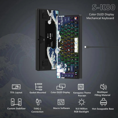 womier S-K80 Sea Wave Hot Swappable Gaming Keyboard Wired Mechanical Keyboard with Color OLED Display Gasket Mount RGB Keyboard