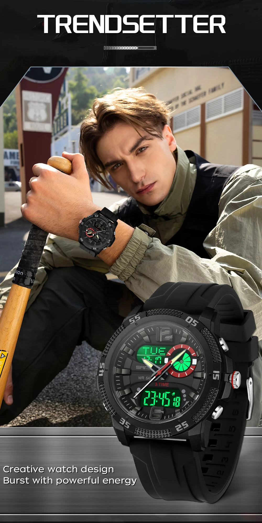 Montres de luxe pour homme SANDA Fashion : montre-bracelet à quartz analogique et numérique, style sportif, décontractée, étanche, avec chronographe en silice