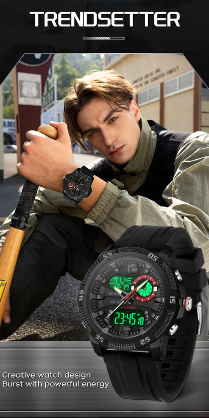 Montres de luxe pour homme SANDA Fashion : montre-bracelet à quartz analogique et numérique, style sportif, décontractée, étanche, avec chronographe en silice