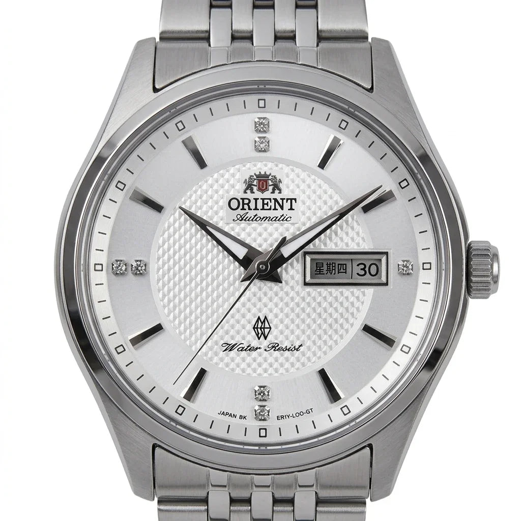 Orologio meccanico automatico da uomo Orient, con doppio calendario (data e giorno della settimana), indici in cristallo e bracciale in acciaio inossidabile – Orologio da polso dallo stile professionale