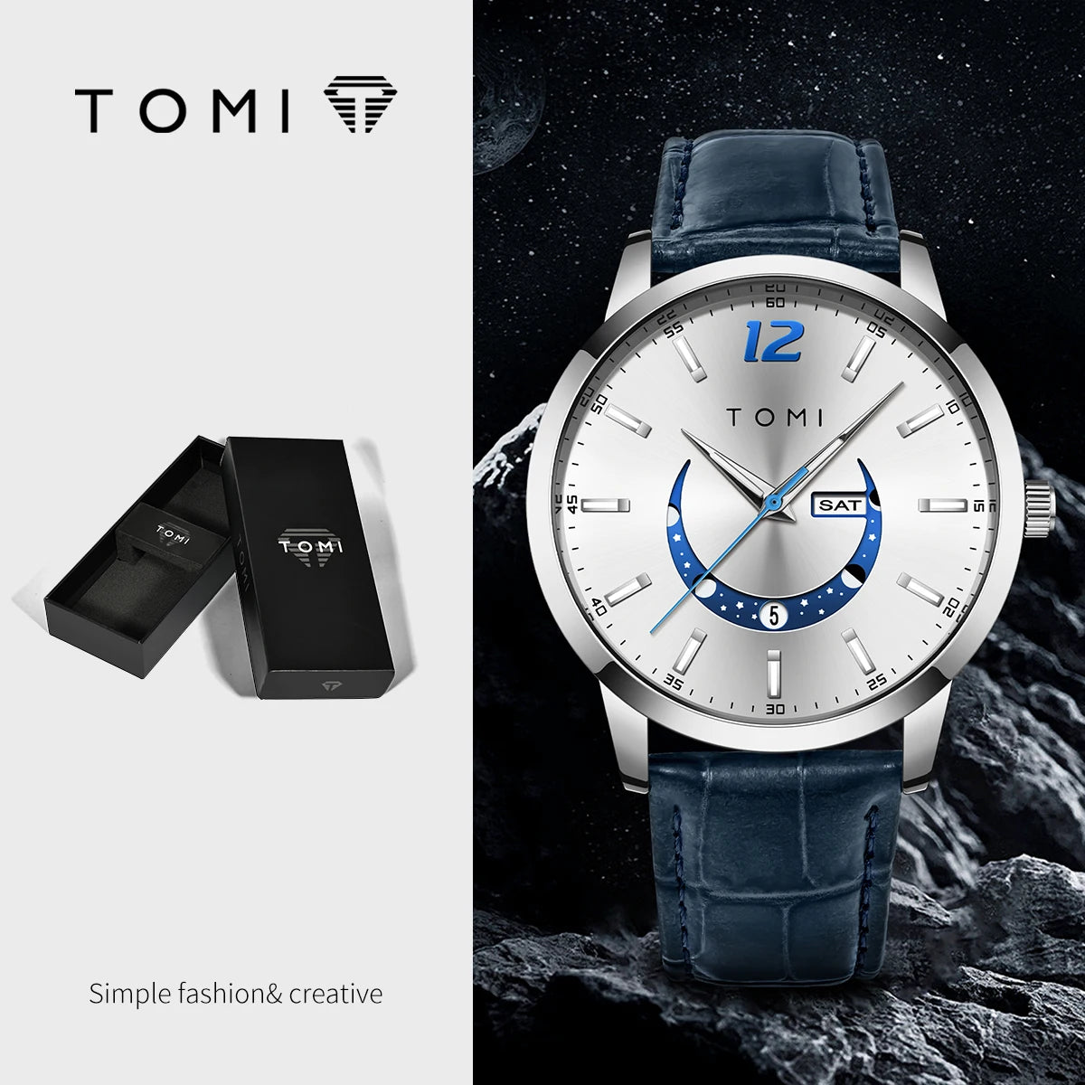 TOMI-kvartsur, elegant i affärsstil, med läderarmband, boett i legering och urtavla med visare – Exklusiv design, presentidé för män
