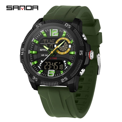 Montres de luxe pour homme SANDA Fashion : montre-bracelet à quartz analogique et numérique, style sportif, décontractée, étanche, avec chronographe en silice