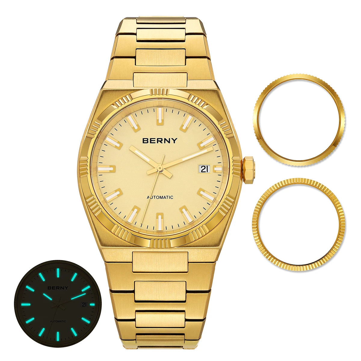 Orologio automatico da uomo BERNY, dorato, vetro zaffiro, lancette luminescenti, originale al 100%, dotato di movimento PT5000, rivestimento antiriflesso, modello di lusso con lunetta intercambiabile, impermeabile fino a 5 ATM.
