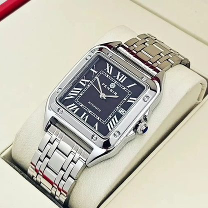 Montre carrée pour homme — Bracelet en acier inoxydable, affichage de la date