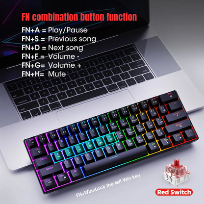 RK61 Wired 60% Mechanical Gaming Keyboard RGB Backlit 61 Keys Ultra-Compact Hot Swappable Red Switch Provides a Smooth