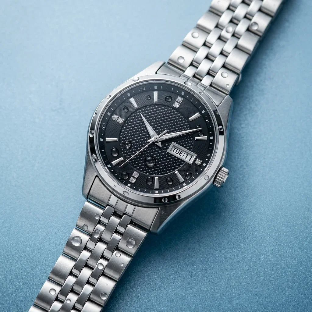 Orologio meccanico automatico da uomo Orient, con doppio calendario (data e giorno della settimana), indici in cristallo e bracciale in acciaio inossidabile – Orologio da polso dallo stile professionale
