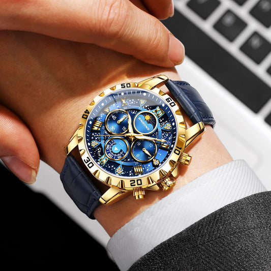 Echte und präzise BINBOND-Quarz-Armbanduhr für Herren, luxuriöser, wasserdichter Chronograph mit Leuchtanzeige und Lederarmband.
