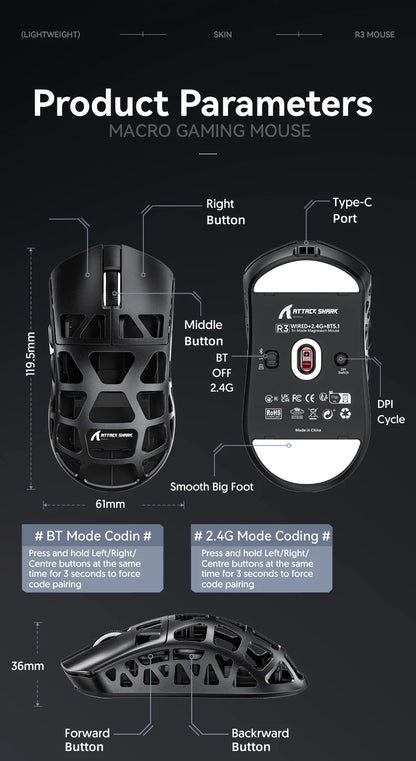 ATTACK SHARK R3 Gaming Mouse Magnesium Alloy Honeycomb,Ultra-Lightweight 8K Hz, PAW3395 Sensor, 26000 DPI, Ergonomic Shel