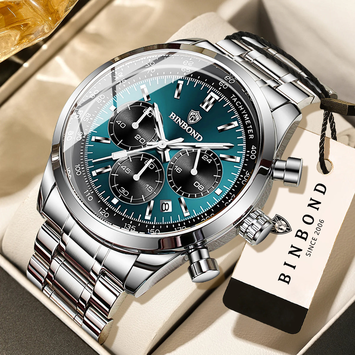 Orologio al quarzo BINBOND da uomo, elegante, robusto e preciso, con data automatica, cronografo, luminescente e impermeabile. Stile casual.