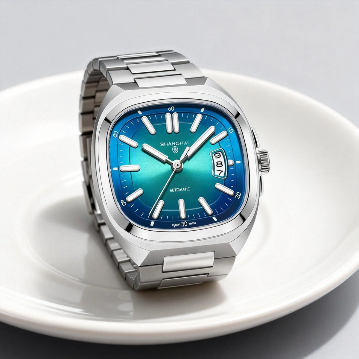 Montre pour homme Shanghai Watch, mécanique automatique, cadran carré, luminescente, étanche jusqu'à 50 m, affichage de la date, montre-bracelet décontractée SH018