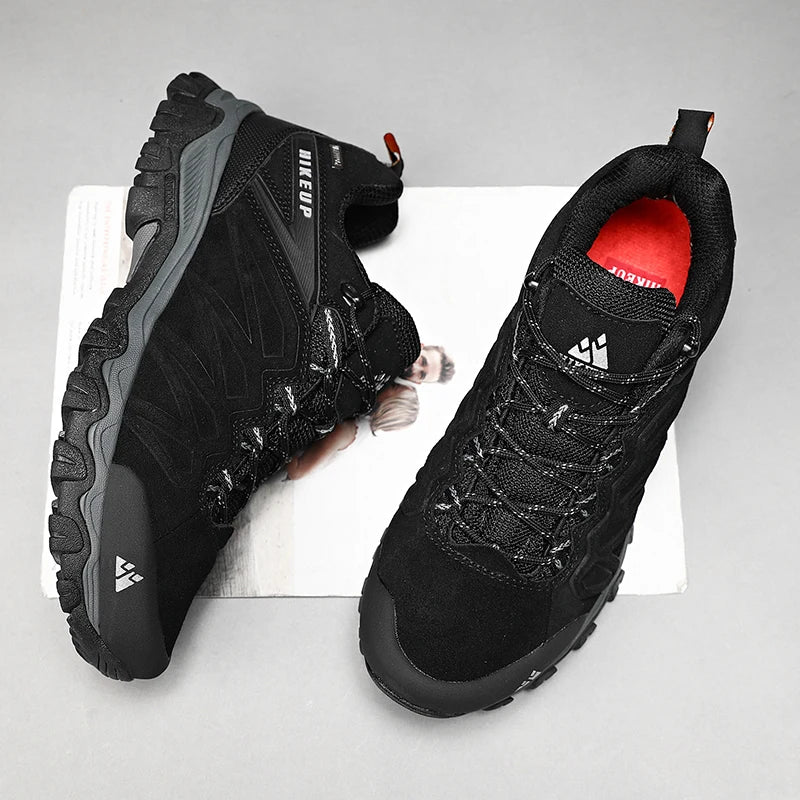 HIKEUP High Quality Leather Hiking Shoes Durable Outdoor Sport Men Trekking Leather Shoes Lace-Up Climbing Hunting Sneakers