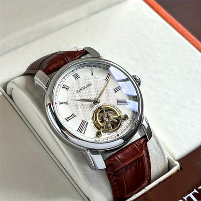Orologio meccanico automatico da uomo – Elegante design scheletrato, stile «business casual» di tendenza, cassa in lega e cinturino in pelle, senza batteria