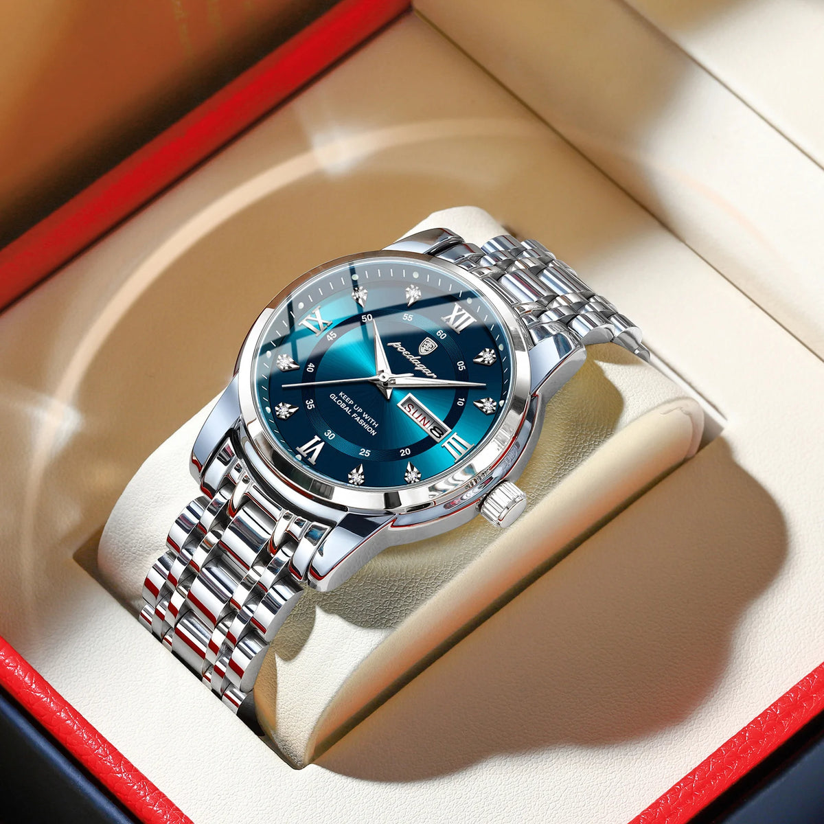 Trendige, luxuriöse POEDAGAR-Herrenarmbanduhr, wasserdicht, aus Edelstahl, mit Leuchtzeigern, Datumsanzeige und Quarzwerk.