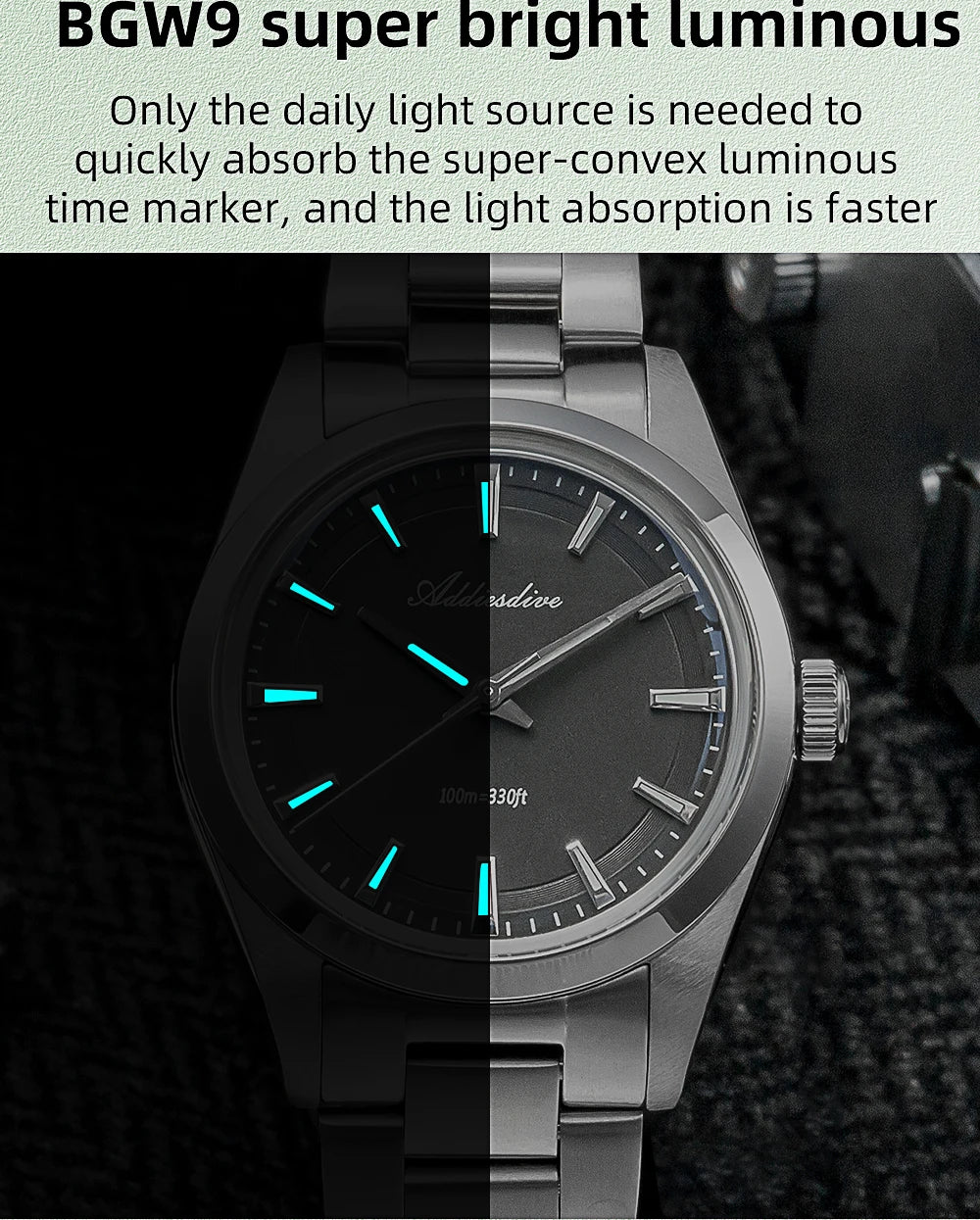 ADDIESDIVE Luxury Men's Steel Watch Bubble Mirror Glass Quartz Watch BGW9 Blue Luminous 100ATM Analog Watch Reloj Hombre AD2066