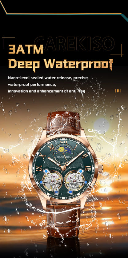 CAREKISO Fashion Men Clock Double Hollow Tourbillon Automatic Mechanical Man Watch Waterproof Luminous Leather Men's Watches+Box