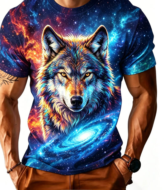 Men's Galaxy Wolf T-Shirt Seamless All Over Print 3D Cosmic Space Wildlife Graphic Crew Neck Outdoor Casual Short Sleeve T-Shirt