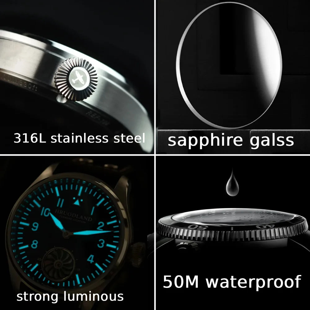 Hruodland Pilot St3620 Retro Men's Manual Mechanical Watch Luxury Sapphire Bgw-9 Night Light Turbine Waterproof 5Bar Reloj Hombr