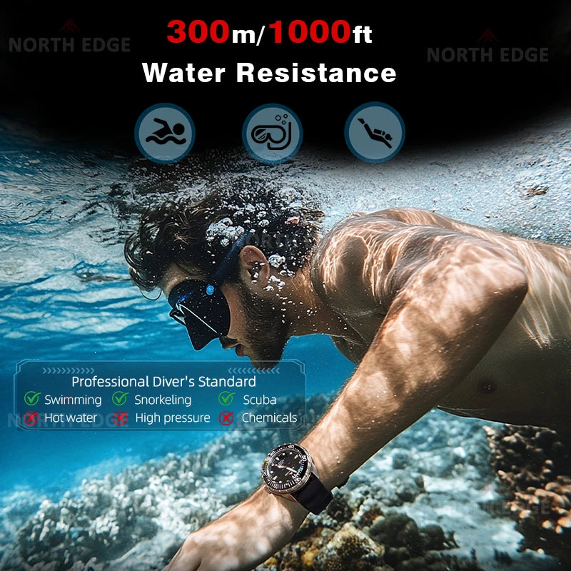 NORTH EDGE NEW+ TRITON-TI Titanium Solar-Powered Diving Watch Luxury Quartz Watches for Men 300M Waterproof 180+ Day Power