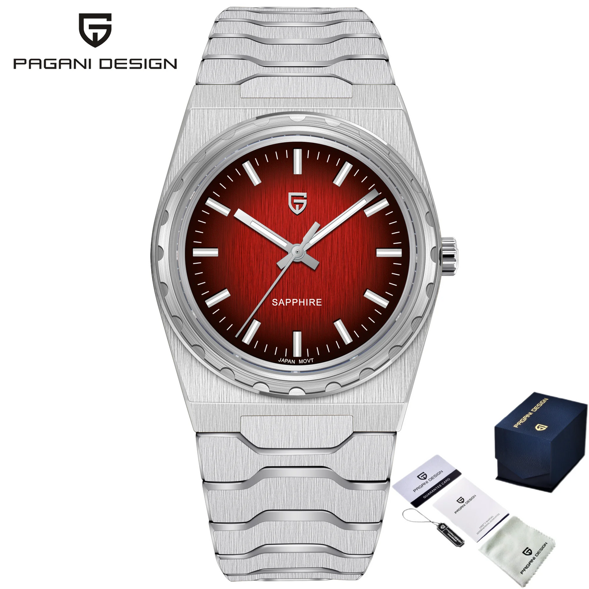 Orologio da uomo di lusso PAGANI DESIGN – Edizione limitata, vetro zaffiro, quadrante rosso, acciaio inossidabile, impermeabile – PDYS020