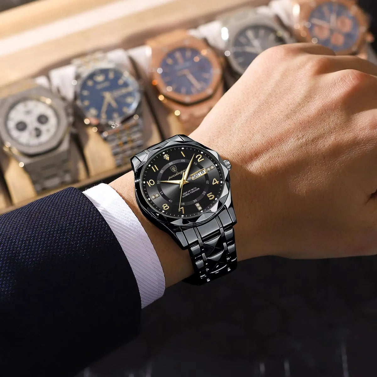 Orologio da uomo POEDAGAR Fashion Luxury, impermeabile, luminescente, al quarzo, cinturino in acciaio inossidabile, data e giorno della settimana, stile casual.