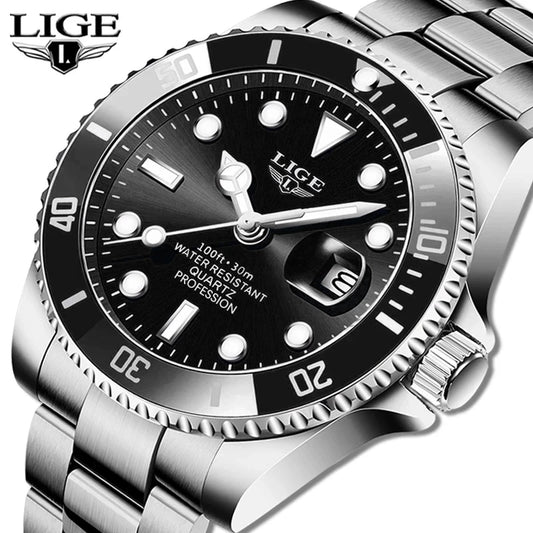 Orologio da immersione di lusso da uomo, marca LIGE, impermeabile fino a 3 ATM, con datario, orologio al quarzo sportivo
