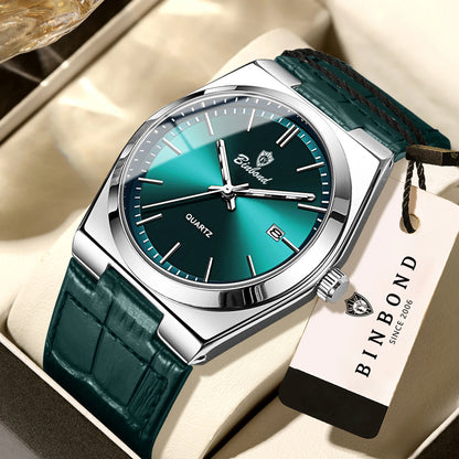 Relógio de pulso de luxo BINBOND com movimento de quartzo para homem – Impermeável, luminoso, com data automática – Estilo profissional, desportivo, moderno e descontraído – Pulseira em pele