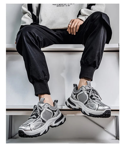 Unisex Trendy Chunky Dad Sneakers Silver Black Retro Couple Breathable Mesh Casual Platform Shoes