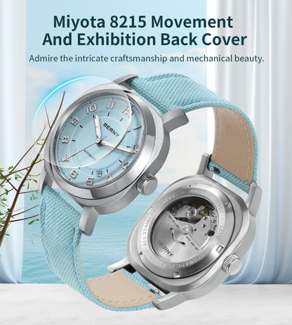 BERNY Mechanical Watch For Women Self-wind Pillow Cushion Sapphire Super Luminous Wristwatch Canvas Calendar Watch For Ladies