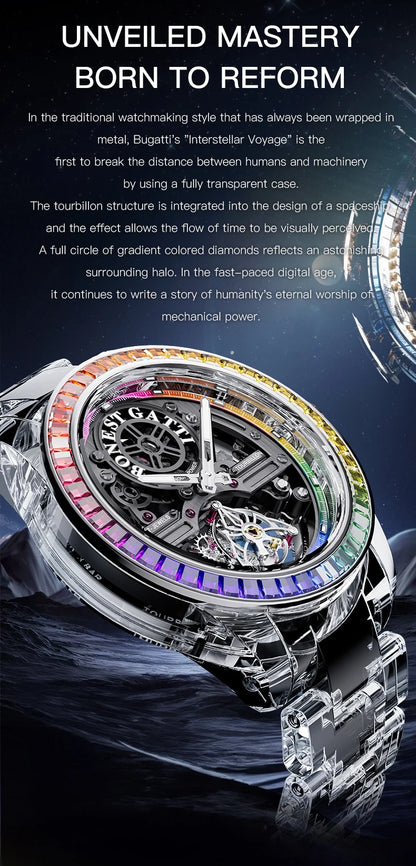 BONEST GATTI luxury Full Skeleton Automatic Mechanical Watch Sapphire Back 48 Rainbow Diamonds Luminous Luxury Wristwatch Men