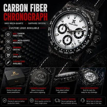 Montre chronographe « Panda » en fibre de carbone de 39 mm, VK63, quartz, verre saphir, logo personnalisé, pour homme, sportive