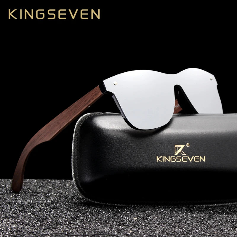 KINGSEVEN Gafas de sol de lujo de madera de nogal, polarizadas, de diseño de marca, sin montura y con cristales espejados, cuadradas, para mujer y hombre