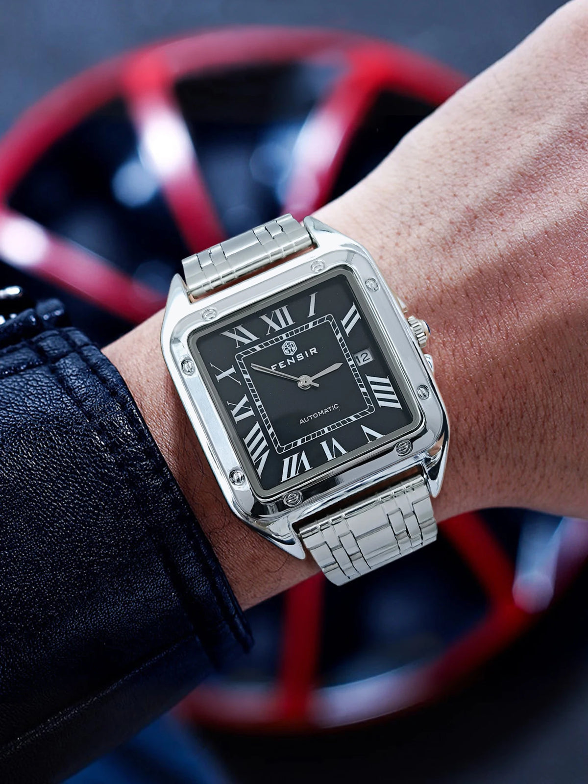 Montre carrée pour homme — Bracelet en acier inoxydable, affichage de la date