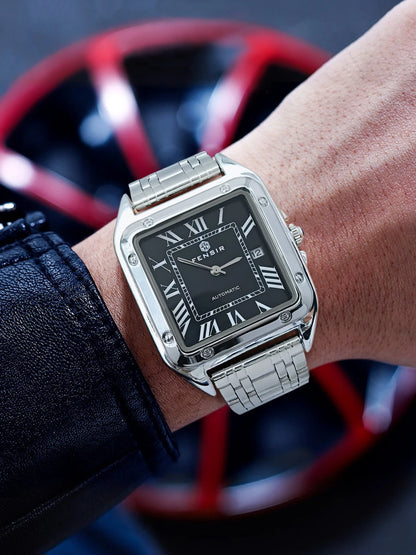 Montre carrée pour homme — Bracelet en acier inoxydable, affichage de la date