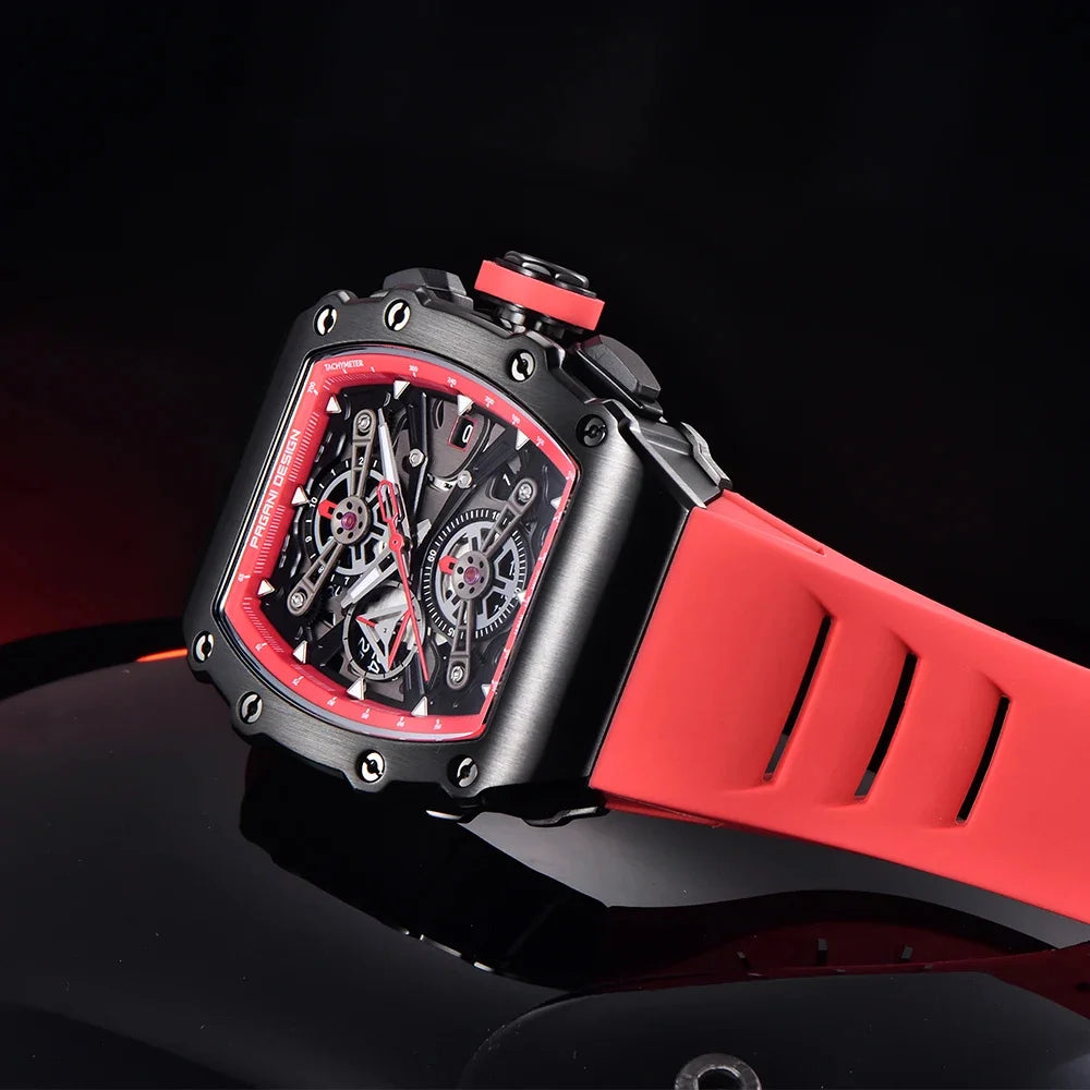 Pagani Design Men's Quartz Watches Japan Movt Skeleton Dial Waterproof Sport Rectangle Sapphire Glass Chronograph Watch For Men