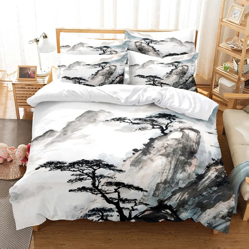 Juego de funda nórdica con pintura de bambú, ropa de cama de estilo chino, conjunto juvenil de lino para cama Queen Size, funda para edredón, ropa de cama de moda