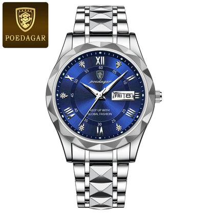 Orologio da uomo POEDAGAR Business Luxury, impermeabile, in acciaio inossidabile, luminescente, con data e giorno della settimana, stile sportivo, al quarzo.