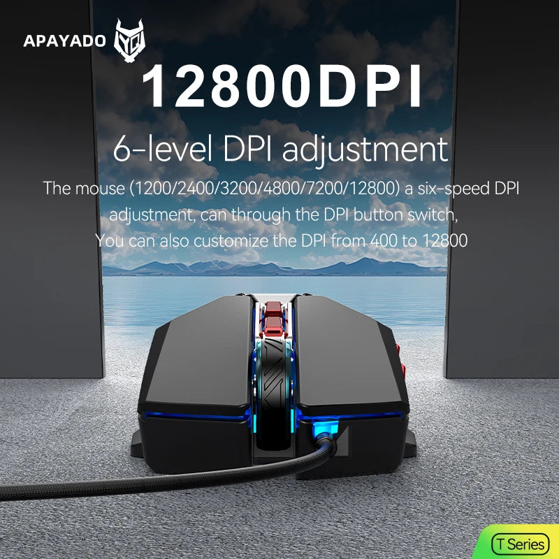 1K Hz Gaming Mouse Wired APAYADO T4 RGB Mouse with Ultra-light Cord 60IPS,12800DPI for Laptop/Computer