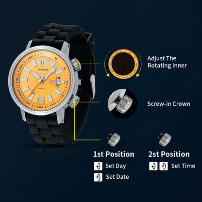 BERNY 20ATM Diver Automatic Mechanical Watch for Men Super Luminous Waterproof Swimming Dive Wristwatch Sapphire Self Winding