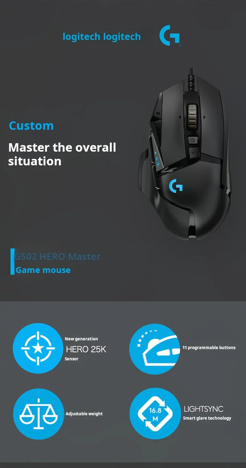 Logitech G502 HERO High Performance Wired Gaming Mouse HERO 25K Sensor 25,600 DPI RGB Adjustable Weights 11 Buttons PC/Mac Mouse
