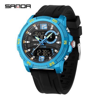 Montres de luxe pour homme SANDA Fashion : montre-bracelet à quartz analogique et numérique, style sportif, décontractée, étanche, avec chronographe en silice