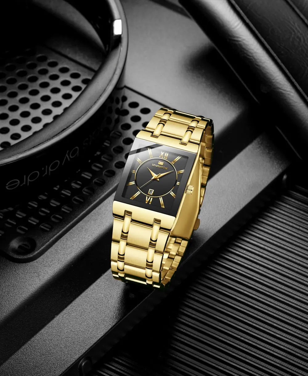 Herenzakelijk horloge, eenvoudig ontwerp, luxe mode, rechthoekig, zwart-goud, roestvrij staal, kalender, waterdicht, quartz, herenhorloges