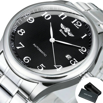 Orologio da uomo WINNER – Stile classico, retrò ed elegante – Orologio meccanico a carica automatica con calendario – Marchio di lusso, cassa in acciaio e cinturino in pelle