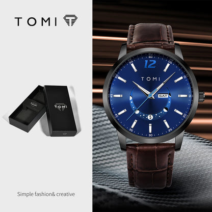 TOMI-kvartsur, elegant i affärsstil, med läderarmband, boett i legering och urtavla med visare – Exklusiv design, presentidé för män