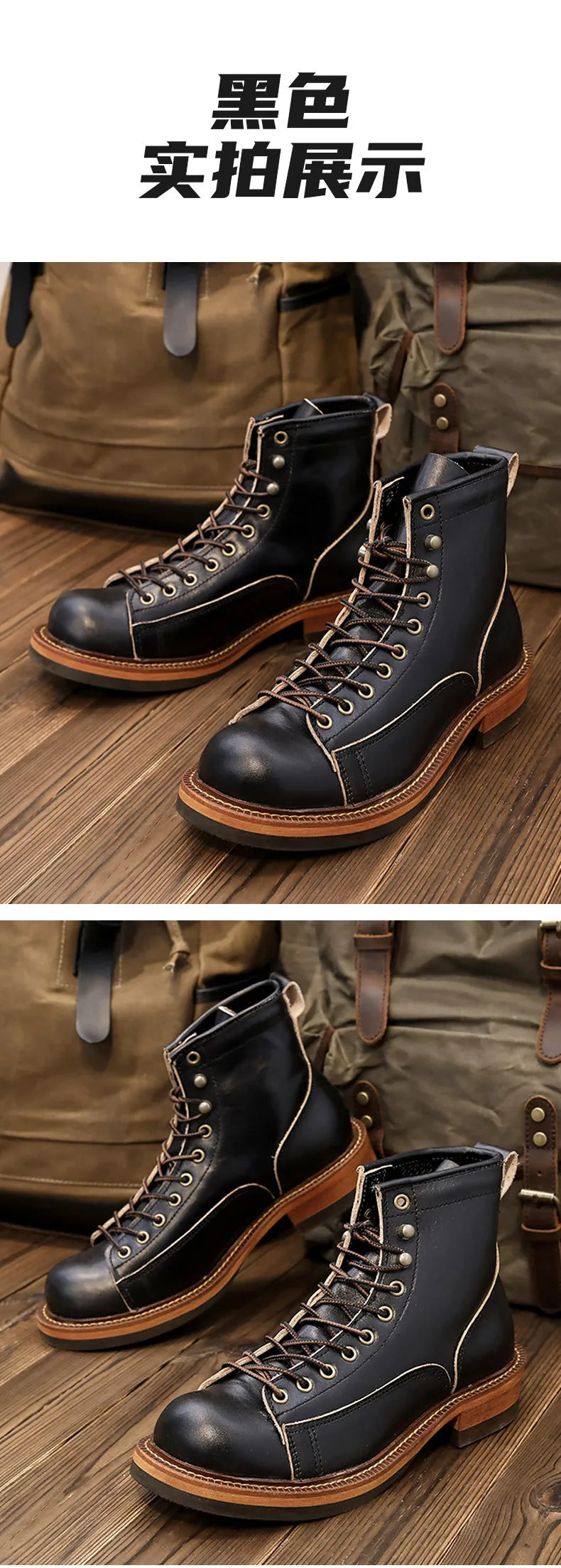 KOWM Cowhide Hiking Shoes Men's Walking Boot British Trekking Shoes Thick-Soled Cowhide High-Top Motorcycle Boots Ankle Sneakers