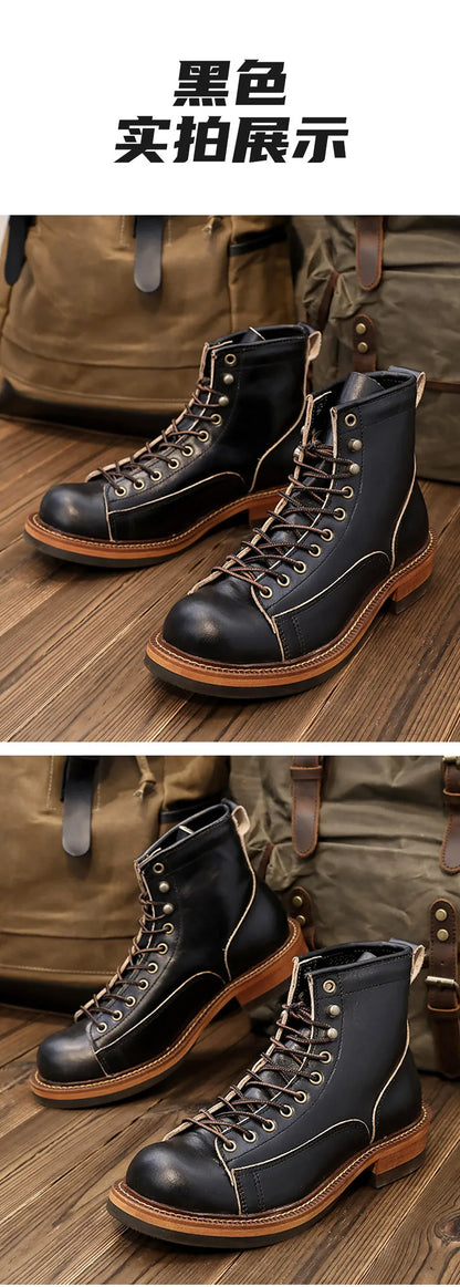 KOWM Cowhide Hiking Shoes Men's Walking Boot British Trekking Shoes Thick-Soled Cowhide High-Top Motorcycle Boots Ankle Sneakers